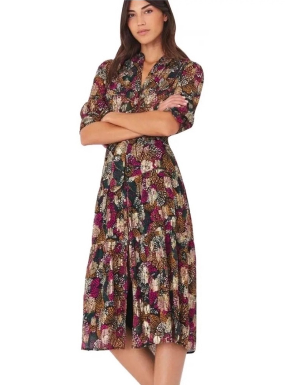 ba&sh Metallic Floral Midi Dress in Pink and Gold Tones